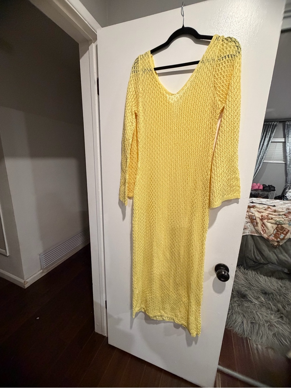 Yellow Long Sleeve Mesh Knit Dress